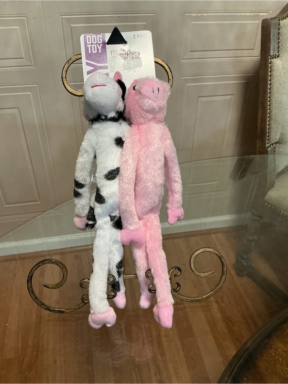 Multipet 12" Pig & Cow Dog Toys w/Squeaker, 2pk, Thin & Long Dangle Animal, New